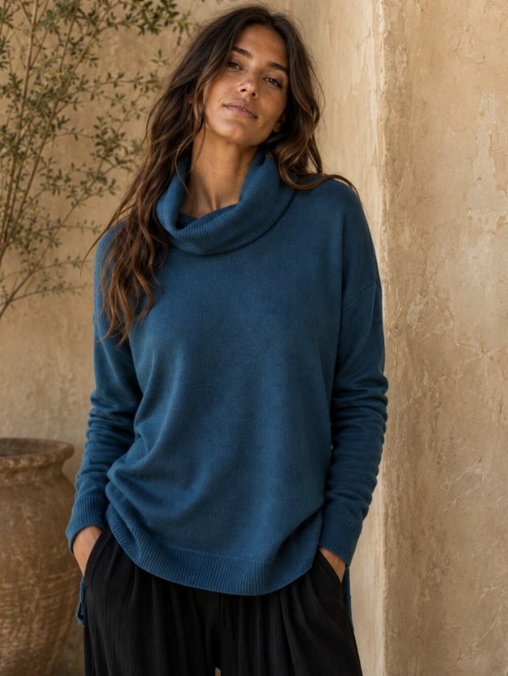 Eileen Fisher 100% Merino Wool Cowl Neck Sweater Tunic High-Low Teal Size S